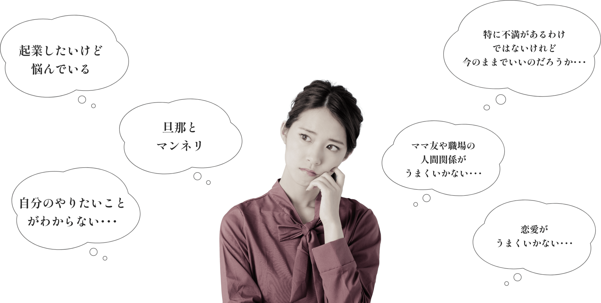 起業したいけど悩んでいる,旦那とマンネリ･･･,特に不満があるわけではないけれど今のままでいいのだろうか･･･,ママ友や職場の人間関係がうまくいかない･･･,恋愛がうまくいかない･･･,自分のやりたいことがわからない